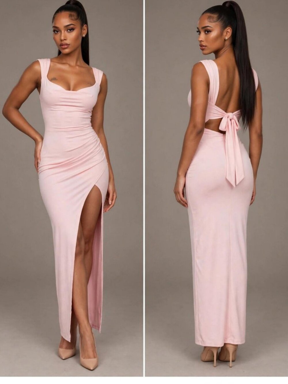 Back Tie Slit Maxi Dress Blush Pink Sleeveless Promessee S M L